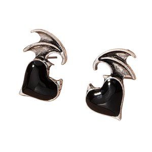 Little Bat Wing Black Enamel Heart Post Earrings Goth